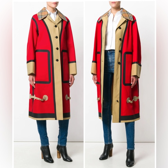 BURBERRY Bonded Cotton Oversized Seam-sealed Car Coat In Red/beige - Picture 3 of 16